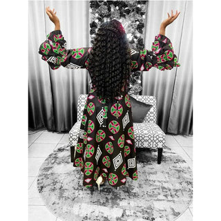 African Print Long Wrap Maxi Dress Ankle Length / Ruffled Sleeve Free size- STRETCH FITS M TO 2XL