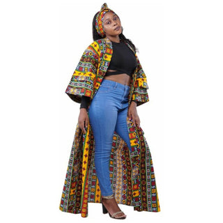 Long African Kimono Headwrap |Full Length African Print Jacket Ankara Robe Kaftan Caftan