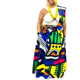 African Print Ankara Long Maxi Skirt with matching Sash Woman Mid Length Skirt, Wax Cotton,