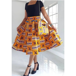 African Print Mid Length Midi Skirt Ankle Length / Head wrap Scarf / Pocketbook Set - Free size- STRETCH FITS M TO 3XL