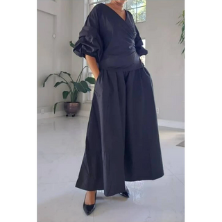 Palazzo Wide Leg Pants with Wrap Blouse Ruffle Sleeves 2 Piece Set
