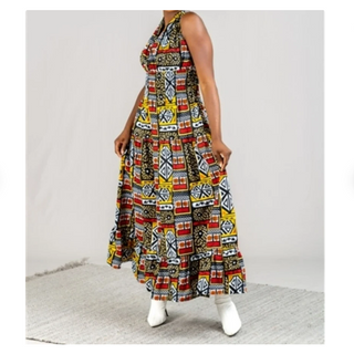 African Ankara Style Print Long Smocked Maxi Sundress