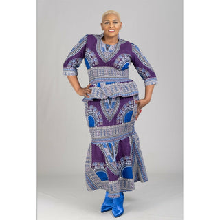 Dashiki African Print Smocking Off Shoulder Blouse Long Maxi Dress  2 piece