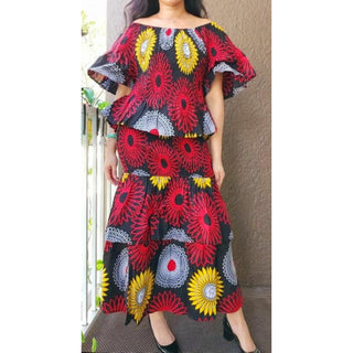 African Print Smocking Off Shoulder Blouse Long Maxi Dress  2 piece