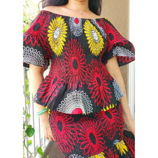 African Print Smocking Off Shoulder Blouse Long Maxi Dress  2 piece