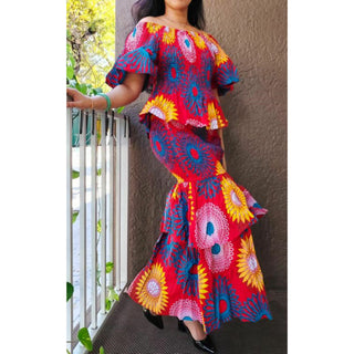 African Print Smocking Off Shoulder Blouse Long Maxi Dress  2 piece