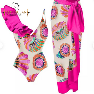 One-Piece Swimsuit with Cover Up Sarong Wrap Skirt & Multicolored Print bathing Suit Set / Swimwear, Vibrant Colored Beachwear