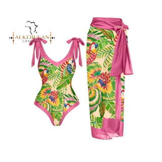 One-Piece Swimsuit with Cover Up Sarong Wrap Skirt & Multicolored Print Bathing Suit Set / Swimwear, Vibrant Colored Beachwear