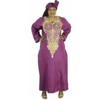 African Basin Riche Embroidered Long Kaftan Dress with Head Scarf Headwrap