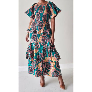 African Ankara Print Style Long Elastic Maxi Smock Dress Skirt Set Wax Cotton - 2 Piece Set