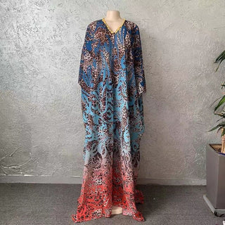 Summer African LONG Chiffon Kimono Kaftan Two Piece Pant Set / Long Abaya + Pants Suits Dress - LEOPARD