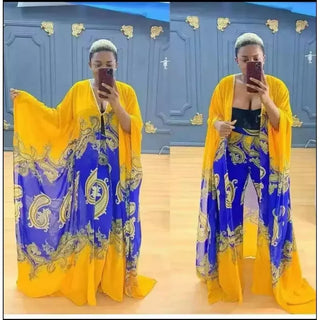 Summer African Chiffon Kimono Kaftan Two Piece Pant Set / Long Abaya + Pants Suits Dress