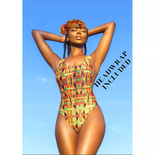 African Kente Print One-Piece Swimsuit with Head wrap / African Print bathing suit / Ankara Swimwear, Vibrant Colored Beachwear