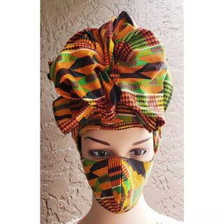 African Kente Print One-Piece Swimsuit with Head wrap & Mask Set / African Print bathing suit / Ankara Swimwear, Vibrant Colored Beachwear