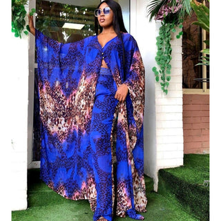 Summer African Chiffon Kimono Two Piece Pant Set Long Abaya + Pants Suits Dress