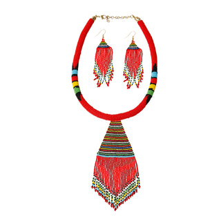 Red Bead Tassel Necklace Set